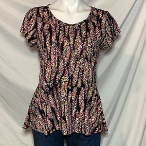 Notations Black Floral Peplum Short Sleeve Top, S